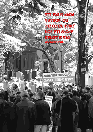A crowd gathers around an orator, as he addresses them through a megaphone, his voice full of indignation and fire; too long have they been ignored and pushed around, too long have they been abused, they're mad as hell and their not going to take it anymore. 'Doog Sgel Ruof, Dab Sgel Owt' the banner reads.